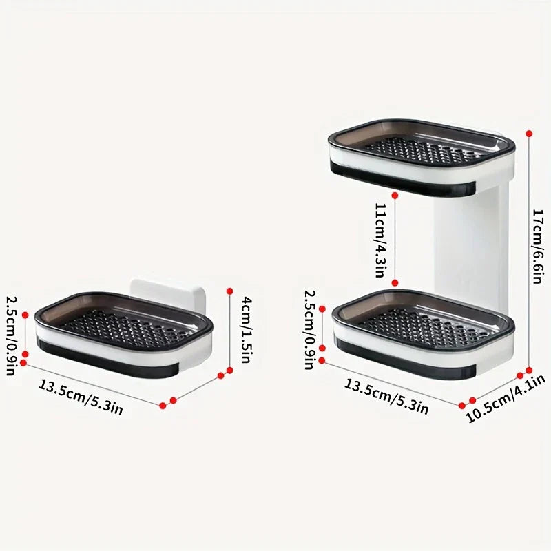 Soap Dish Holder - Diagram showing dimensions of single-tier and double-tier wall-mounted soap racks, with measurement labels in centimeters and inches
