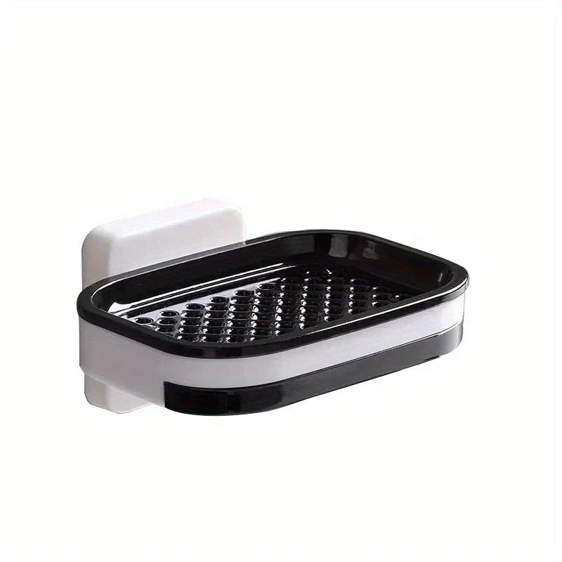 Soap Dish Holder - Wall-mounted black and white perforated drainage tray with adhesive mounting base