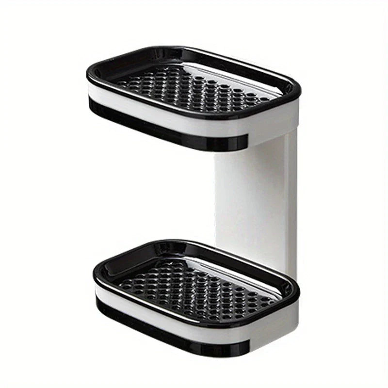 Soap Dish Holder - Double-tiered black and white wall-mounted soap dish with perforated drain trays, shown against a white background