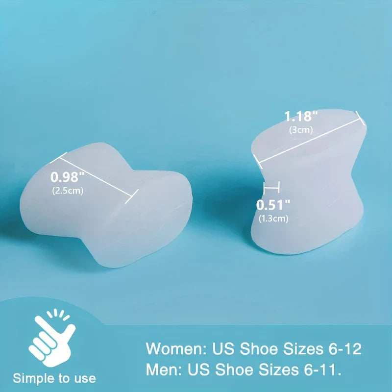 Two translucent silicone toe separators with size dimensions labeled, against a light blue background, with size range text at bottom.