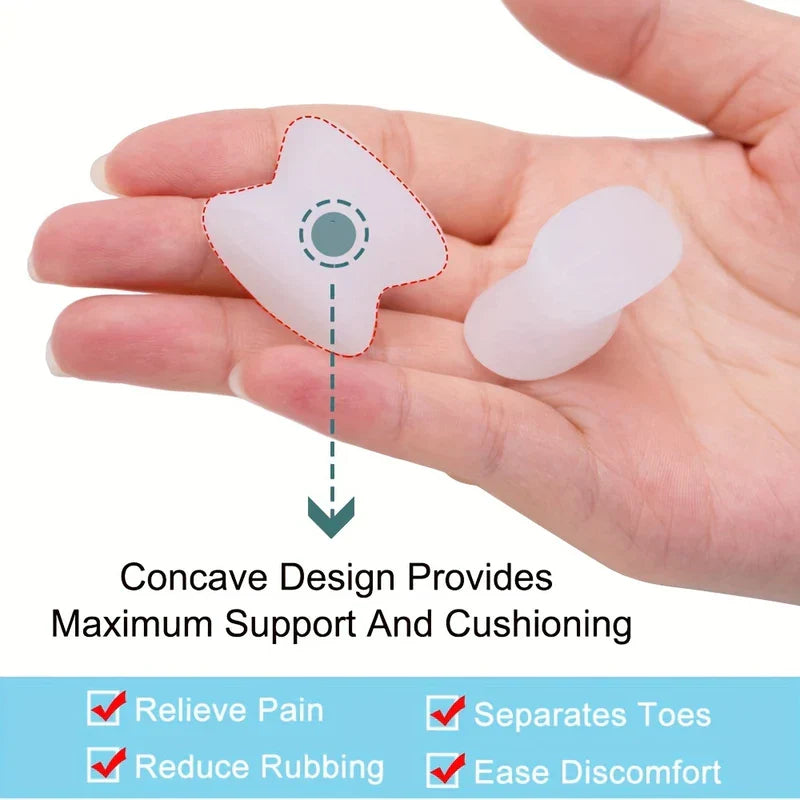 Two translucent silicone toe separators resting on a person's palm, with design annotation and feature checkmarks at bottom.