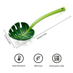 Strainer Spoon - Green monstera leaf-shaped slotted spoon with measurement labels and three feature icons below it