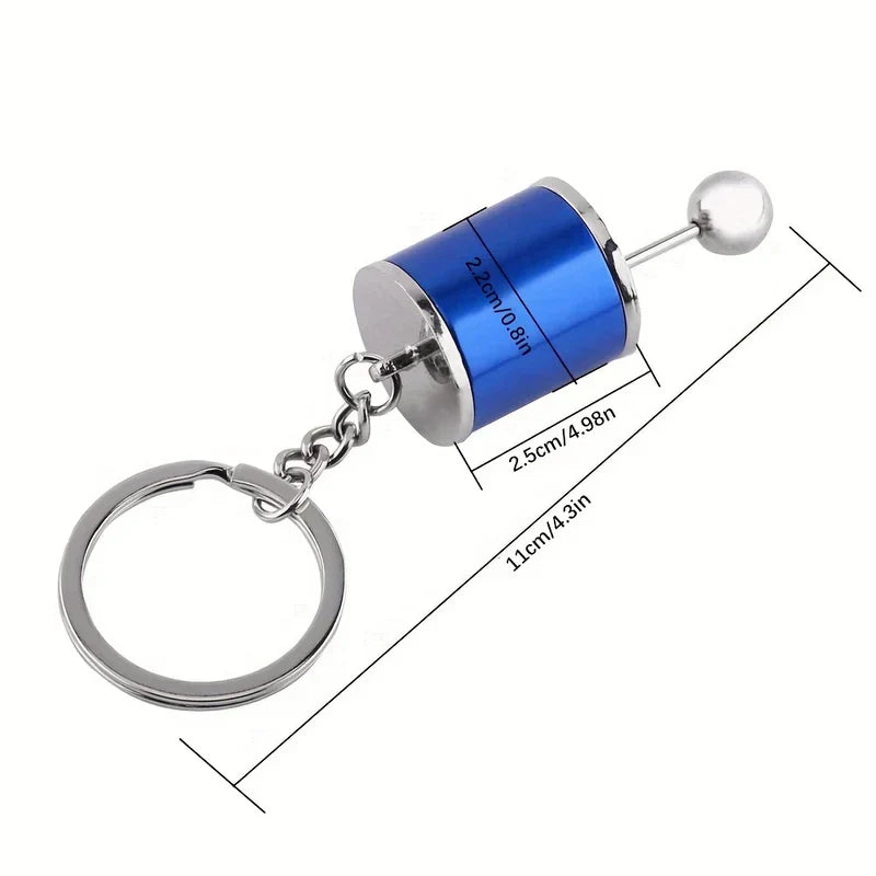 Leather Keychain - Blue manual car gear shift keychain with dimension lines showing its size on white background