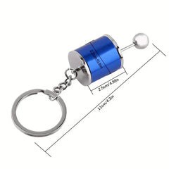 Leather Keychain - Blue manual car gear shift keychain with dimension lines showing its size on white background