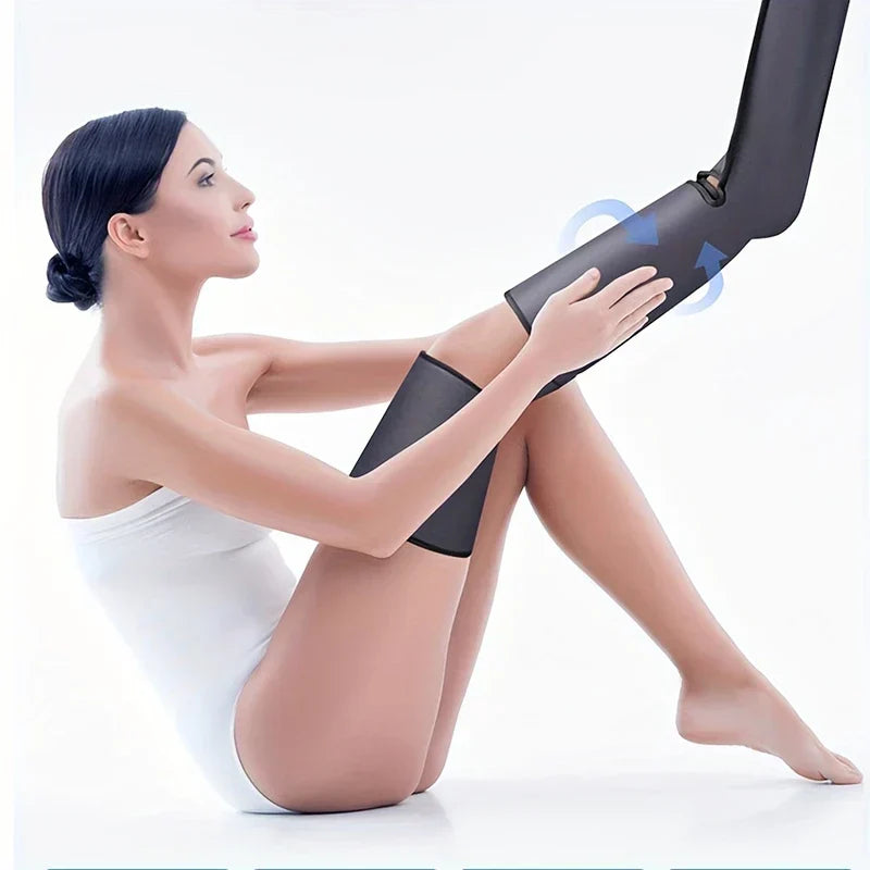 Leg Air Compression Massager - Person adjusting wrap on leg with compression motion indicators