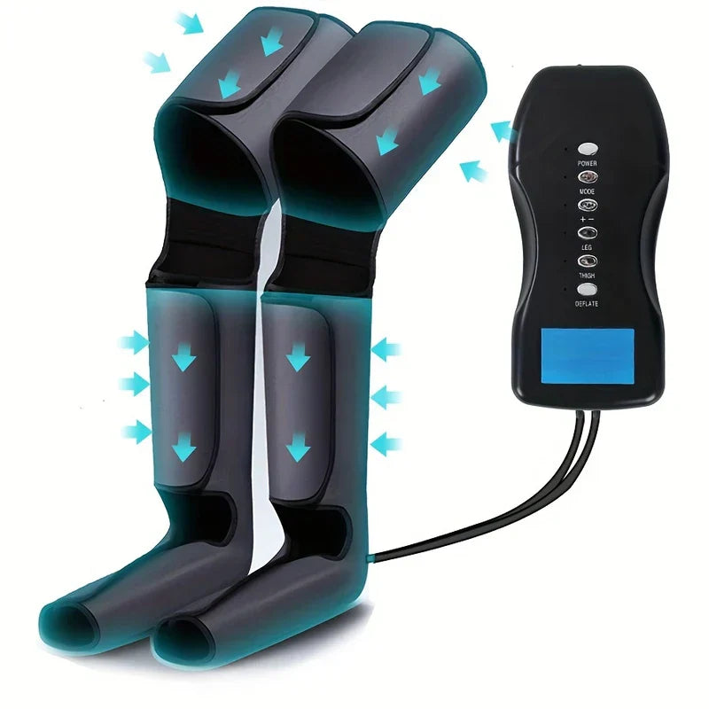 Pair of full-leg air compression massager boots with connected handheld control unit, arrows indicating air pressure direction