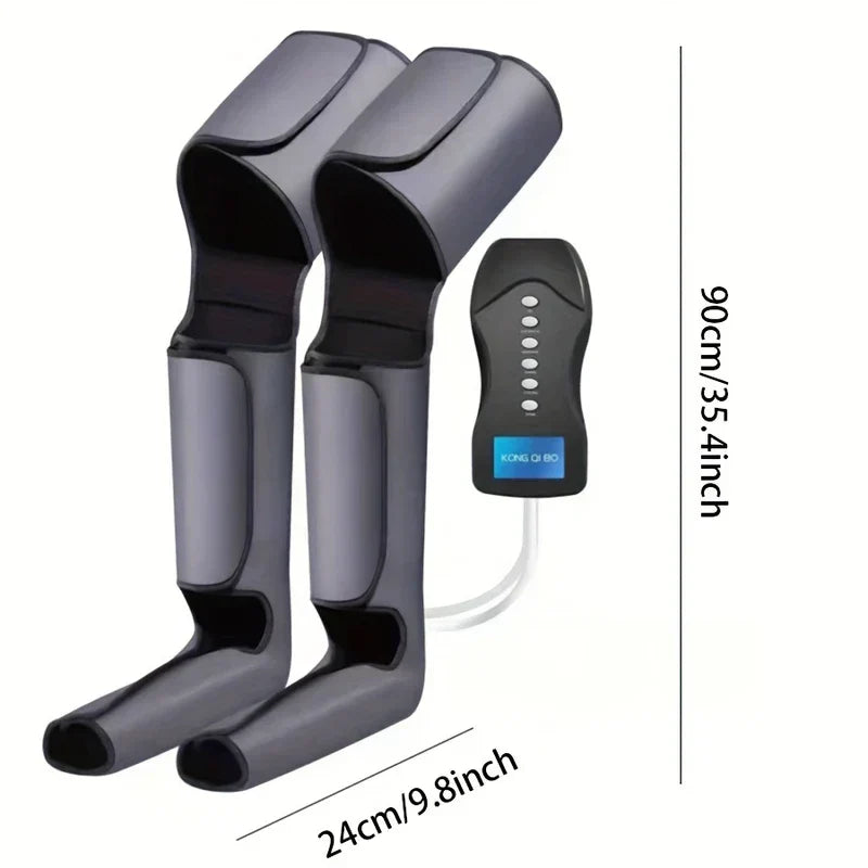 Leg Air Compression Massager - Pair of leg compression massager boots with controller, showing 90cm total length and 24cm foot dimension
