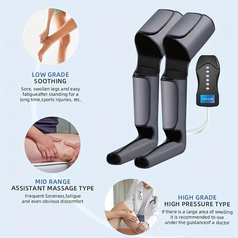 Leg Air Compression Massager - Pair of full-leg air compression massagers with handheld controller and three intensity use case insets