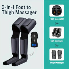 Leg Air Compression Massager - 3-in-1 foot to thigh leg massager with two full leg wraps and a handheld controller, showing its foot, calf, and thigh components