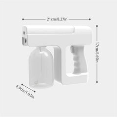 Mist Spray Bottle - White handheld spray gun with clear bottle, shown with dimension measurements for length, height and bottle width