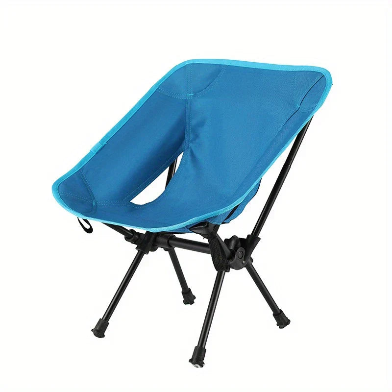Folding Camping Chair - Bright blue chair with black metal frame and contoured fabric seat