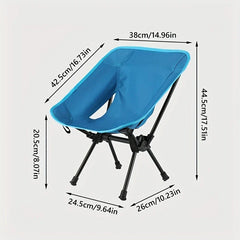 Blue folding camping chair with black metal frame, with dimension measurements in centimeters and inches marked on all sides