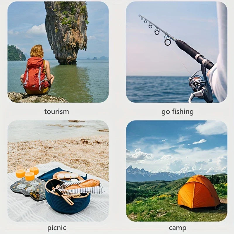 Folding Camping Chair - Four small photos in a grid: person with backpack overlooking the ocean, fishing rod over water, picnic setup on a beach, tent in mountain meadow
