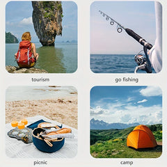 Folding Camping Chair - Four small photos in a grid: person with backpack overlooking the ocean, fishing rod over water, picnic setup on a beach, tent in mountain meadow