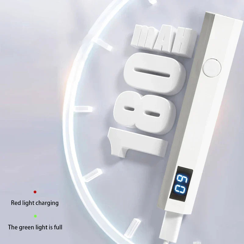 Nail Wand - White rectangular handheld device plugged in for charging, display shows '90', with 180mAh text and red/green charging indicator labels