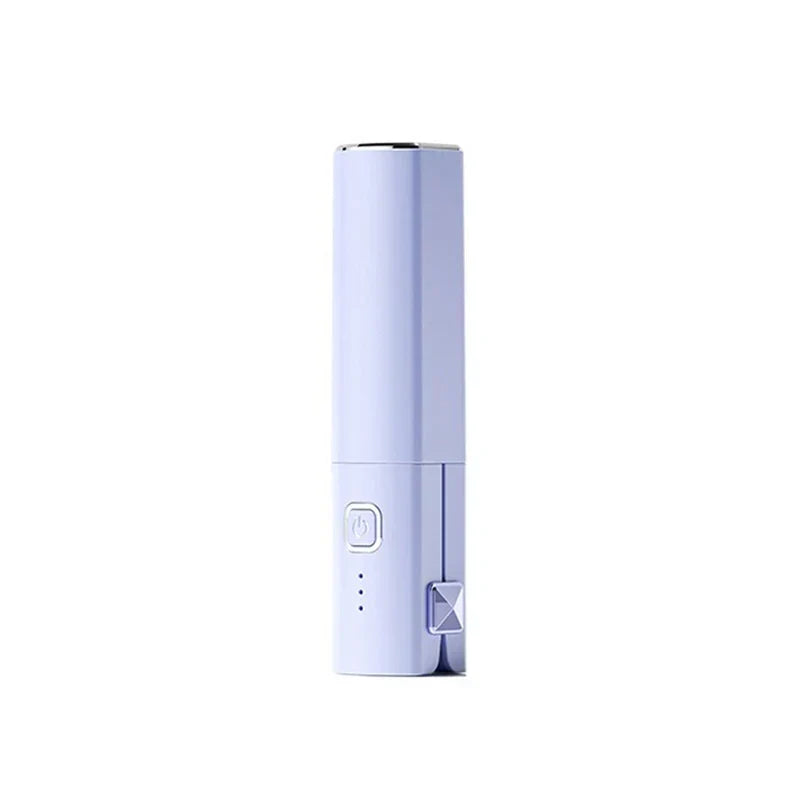 Mini Hair Straightener - Closed light purple lipstick-sized styling tool with power button and battery indicator lights