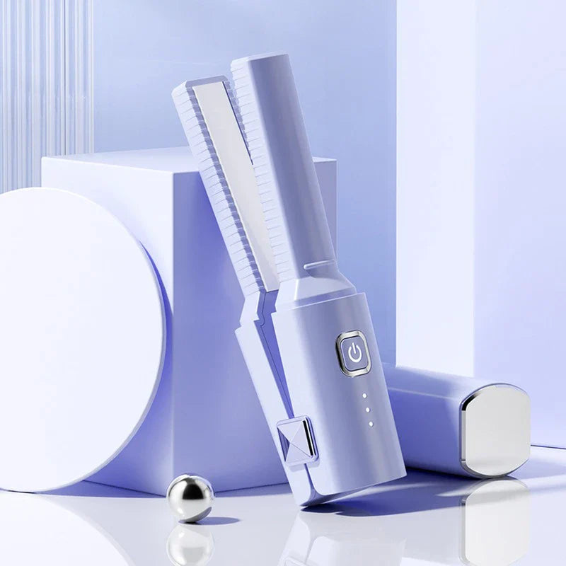 Mini Hair Straightener - Light purple cordless hair straightener propped against a block, with its cap placed beside it on a reflective surface