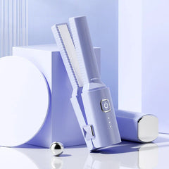 Mini Hair Straightener - Light purple cordless hair straightener propped against a block, with its cap placed beside it on a reflective surface