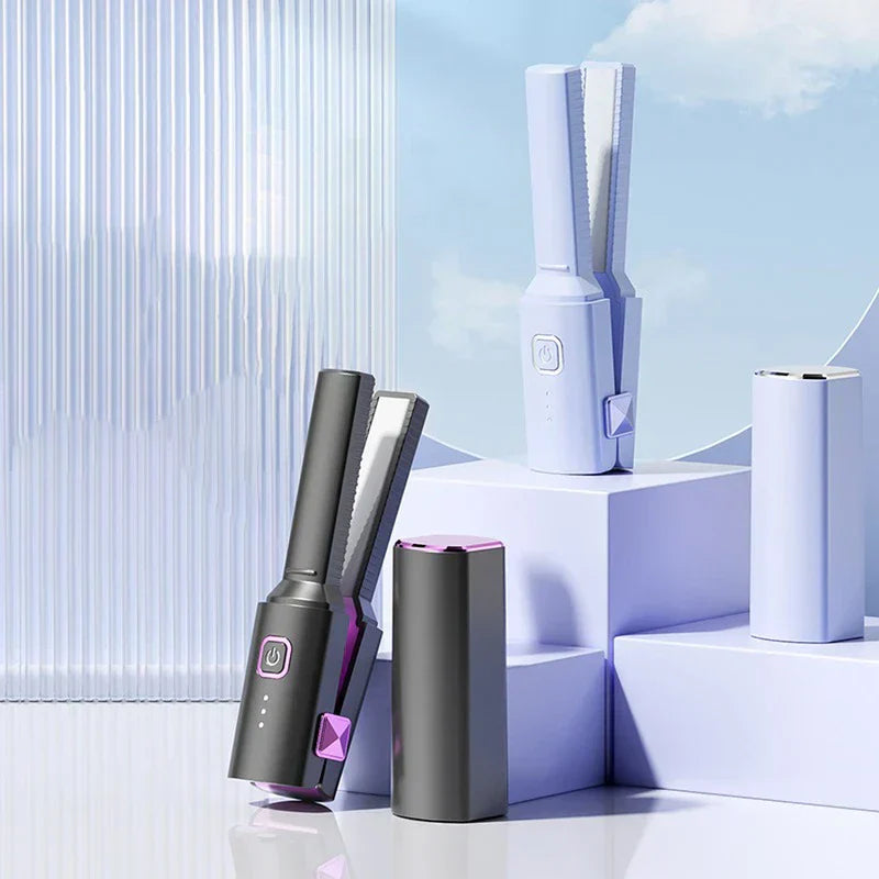 Mini Hair Straightener - Two color variants of the compact styling tool, one open to show heating plates, displayed with matching protective caps