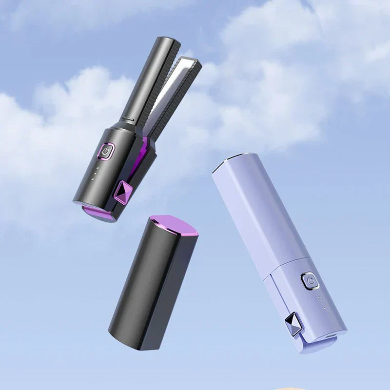 Mini Hair Straightener - Open and closed views of both black and light purple compact styling tools against a sky background