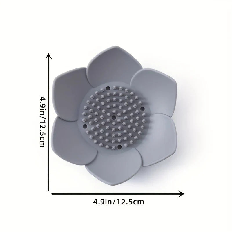 Soap Dish Holder - A gray lotus flower-shaped soap dish with size dimension lines showing 4.9 inches (12.5 cm) width and height.