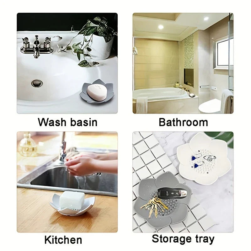 Soap Dish Holder - Four-panel image showing a flower-shaped soap dish in use on a bathroom sink, bathtub edge, kitchen counter, and holding small items like keys and jewelry.