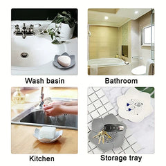Soap Dish Holder - Four-panel image showing a flower-shaped soap dish in use on a bathroom sink, bathtub edge, kitchen counter, and holding small items like keys and jewelry.