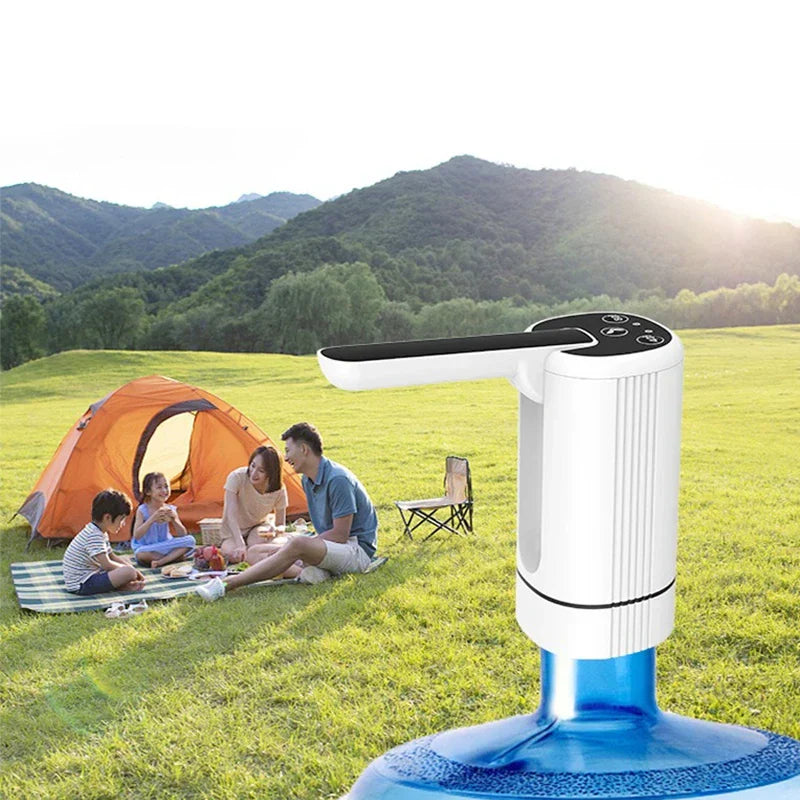 5 Gallon Water Pump - White water bottle pump on blue water jug, with family camping on grass field background