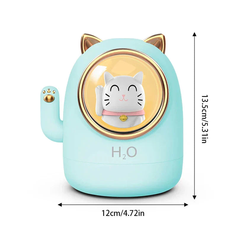 Humidifier Diffuser - Light blue cat-shaped humidifier with gold accents, front view, showing 12cm width and 13.5cm height dimensions