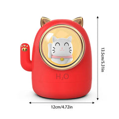Humidifier Diffuser - Red cat-shaped humidifier with gold accents, front view, showing 12cm width and 13.5cm height dimensions