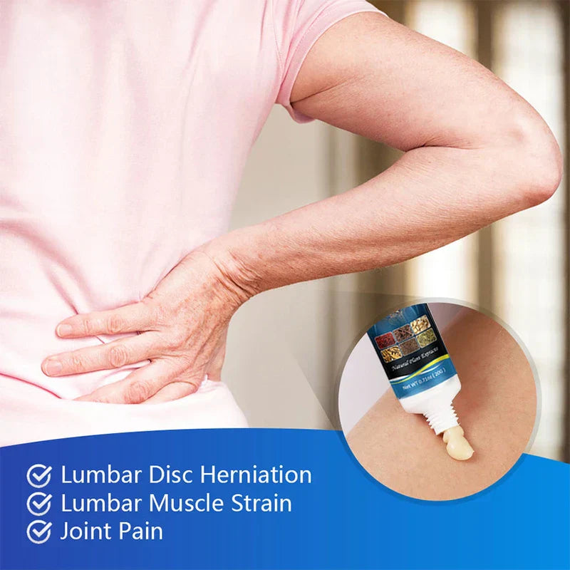 Pain Relief Cream Ointment - Person holding their lower back, with inset showing cream dispensed from the tube, plus listed supported use cases