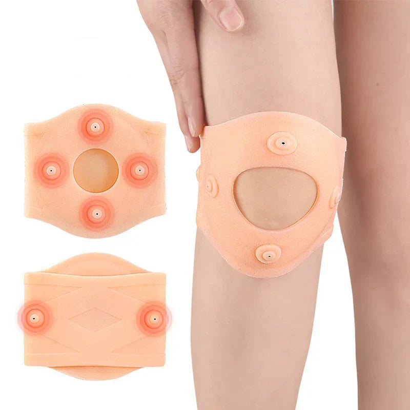 A person wears a peach knee brace on their leg, with two additional views of the magnetic knee support showing its front and back panels.