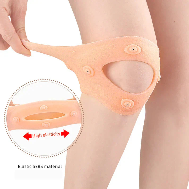 A hand pulls the edge of a peach knee brace on a person’s leg to show stretch, with a close-up inset of the magnetic knee support highlighting its flexibility.