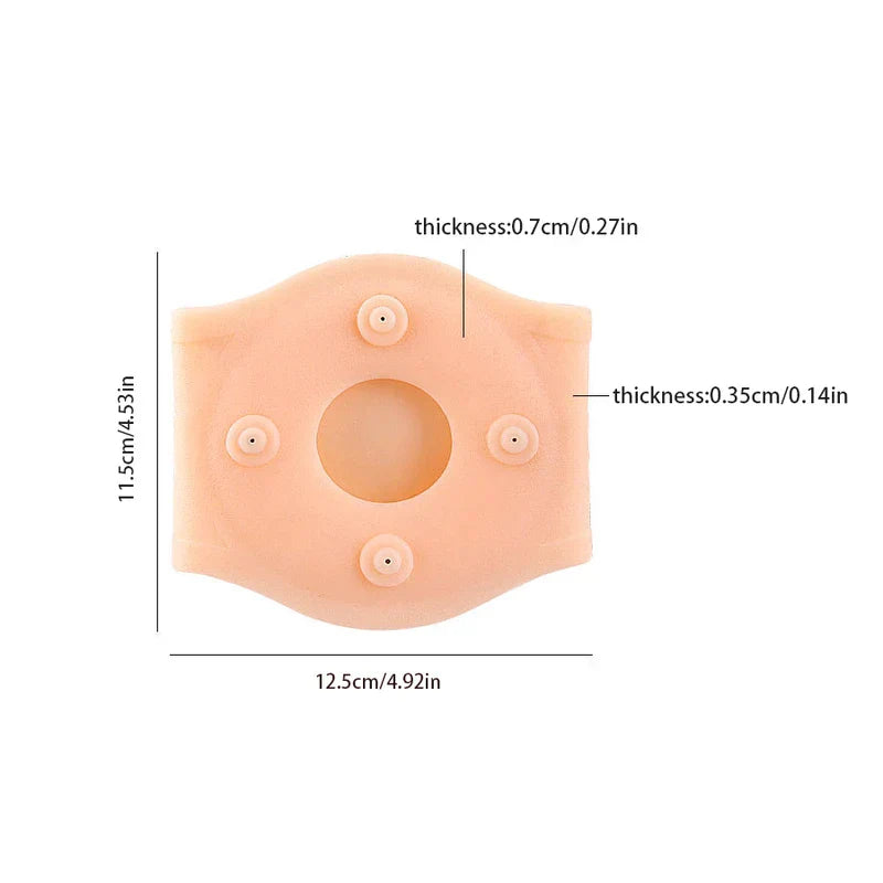 Flat flesh-colored magnetic knee support with dimension labels and four front nodules, shown on white background