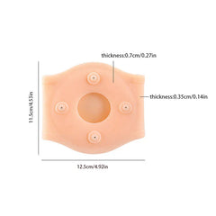 Flat flesh-colored magnetic knee support with dimension labels and four front nodules, shown on white background
