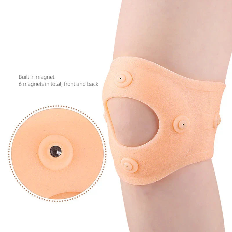 Flesh-colored magnetic knee support worn on a knee, with inset showing a built-in magnet detail