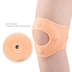 Flesh-colored magnetic knee support worn on a knee, with inset showing a built-in magnet detail