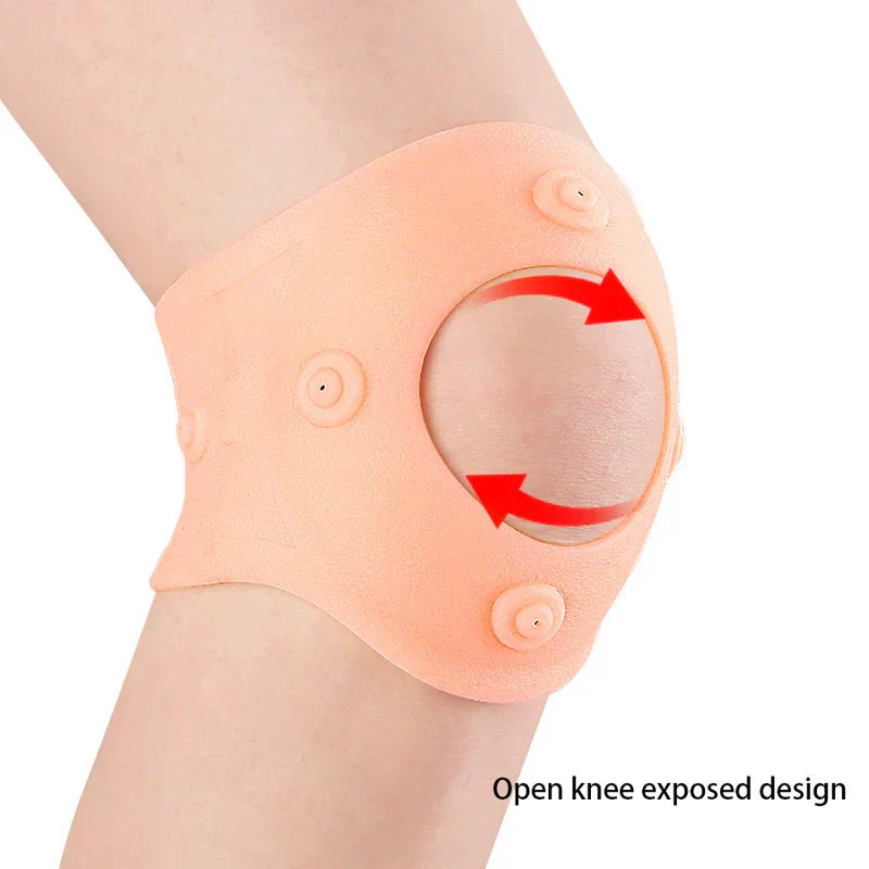 Flesh-colored magnetic knee support worn on a knee, with open kneecap cutout design highlighted