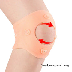 Flesh-colored magnetic knee support worn on a knee, with open kneecap cutout design highlighted