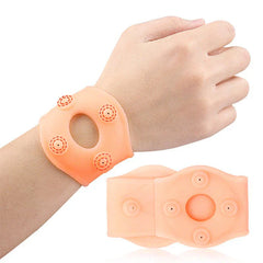 Magnetic Circular Wrist Brace Wrap - Wrist support worn on a human wrist, shown alongside an unwrapped matching wrist support