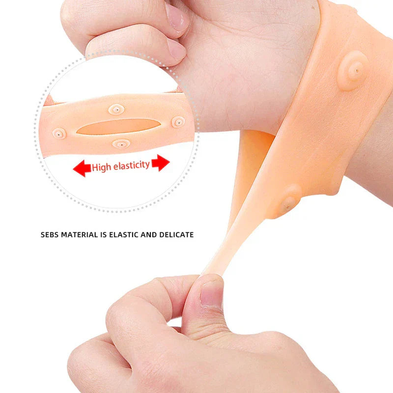 Magnetic Circular Wrist Brace Wrap - Demonstration of the elastic stretch of the SEBS wrist support material, showing its flexible delicate texture