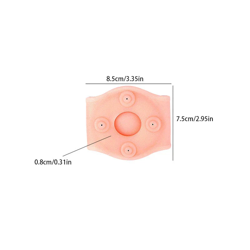 Magnetic Circular Wrist Brace Wrap - Peach-colored wrist support product diagram showing dimensions: length 8.5cm, width 7.5cm, thickness 0.8cm, with central hole and four raised points