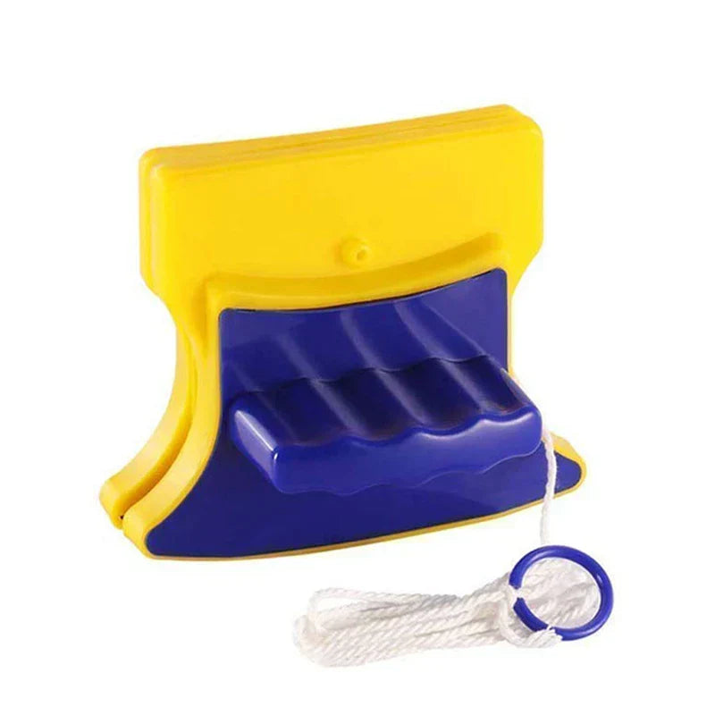 Limpiador de ventanas magnético: herramienta de limpieza amarilla y azul con cordón de seguridad blanco y agarre para dedos