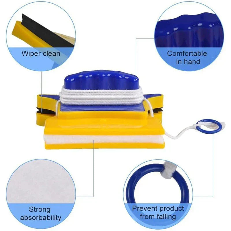 Limpiador de ventanas magnético amarillo y azul con cuatro indicadores que muestran su borde limpiador, mango contorneado, almohadilla de limpieza y anillo de seguridad