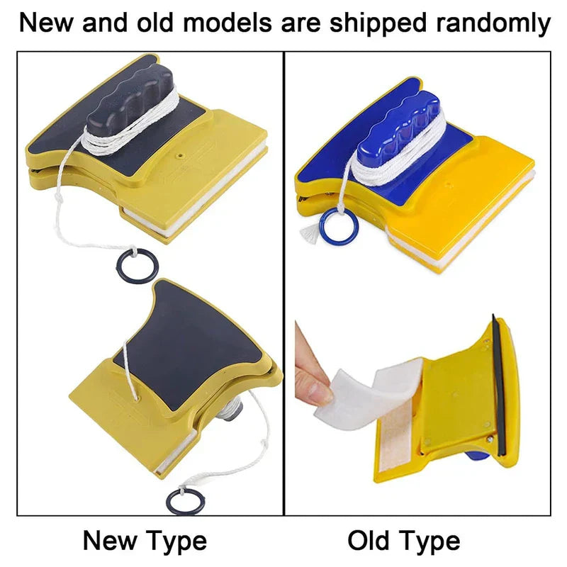 Dos versiones de un limpiador de ventanas magnético amarillo mostradas lado a lado, con texto que indica que los modelos nuevos y antiguos se envían al azar