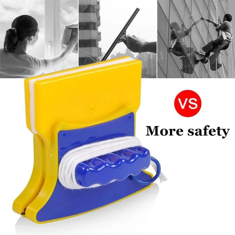 Limpiador de ventanas magnético amarillo y azul, con tres imágenes pequeñas insertadas que muestran personas limpiando ventanas