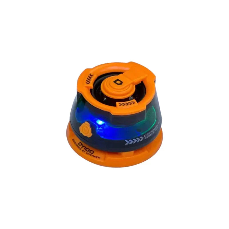 Altavoz flotante: pequeño altavoz redondo compacto con parte superior y base naranjas, cuerpo oscuro translúcido, luz LED azul, botón de encendido naranja y marcas de texto impresas