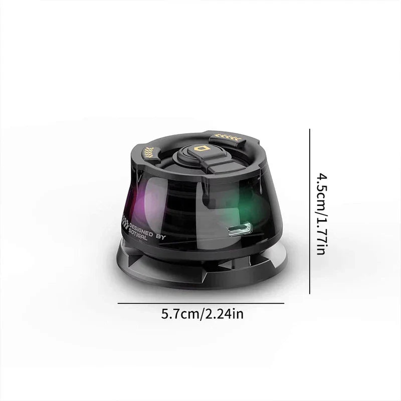 Floating Speaker - Small black electronic device shown with width and height dimension labels against white background