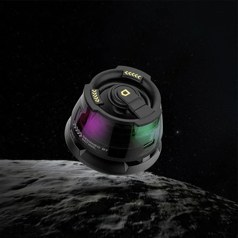 Floating Speaker - Same black electronic device floating above a cratered moon-like surface against starry black space