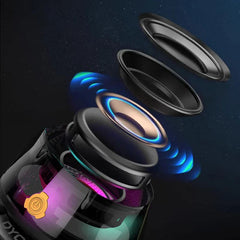 Floating Speaker - Exploded view of the device showing internal speaker layers and glowing light effects on dark background